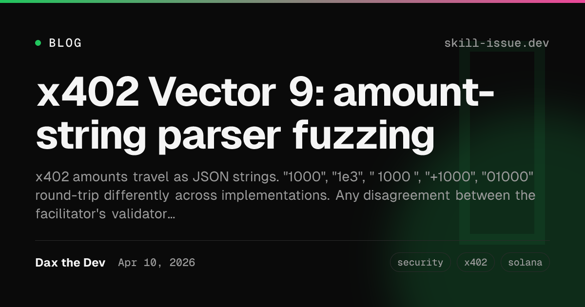 x402 Vector 9: amount-string parser fuzzing | Skill Issue Dev | Dax the Dev